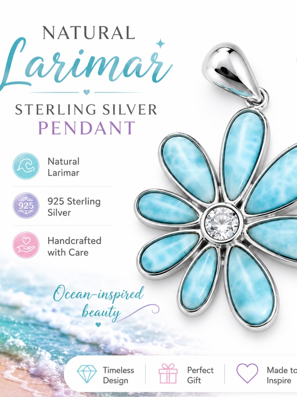 Natural Larimar Sterling Silver Blue Flower Pendant